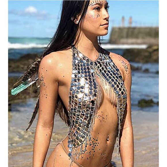 Silver Holographic AB Sequin Chain Tassel Body Jewelry Rave Halter Crop Top - Picture 3 of 8